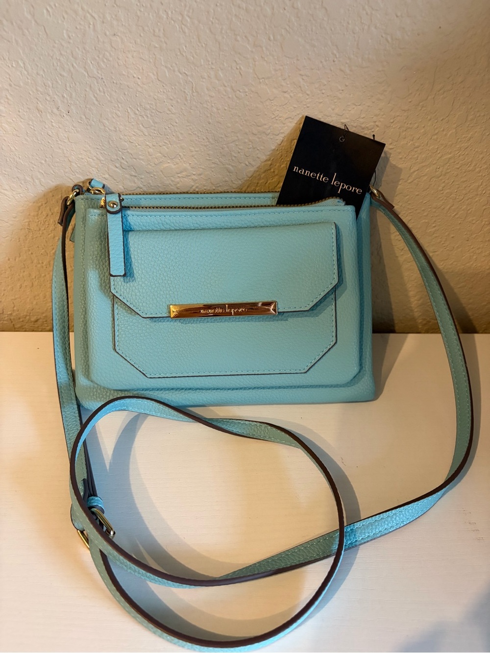 Nanette Lepore Aqua Blue Pebbled Leather Crossbody